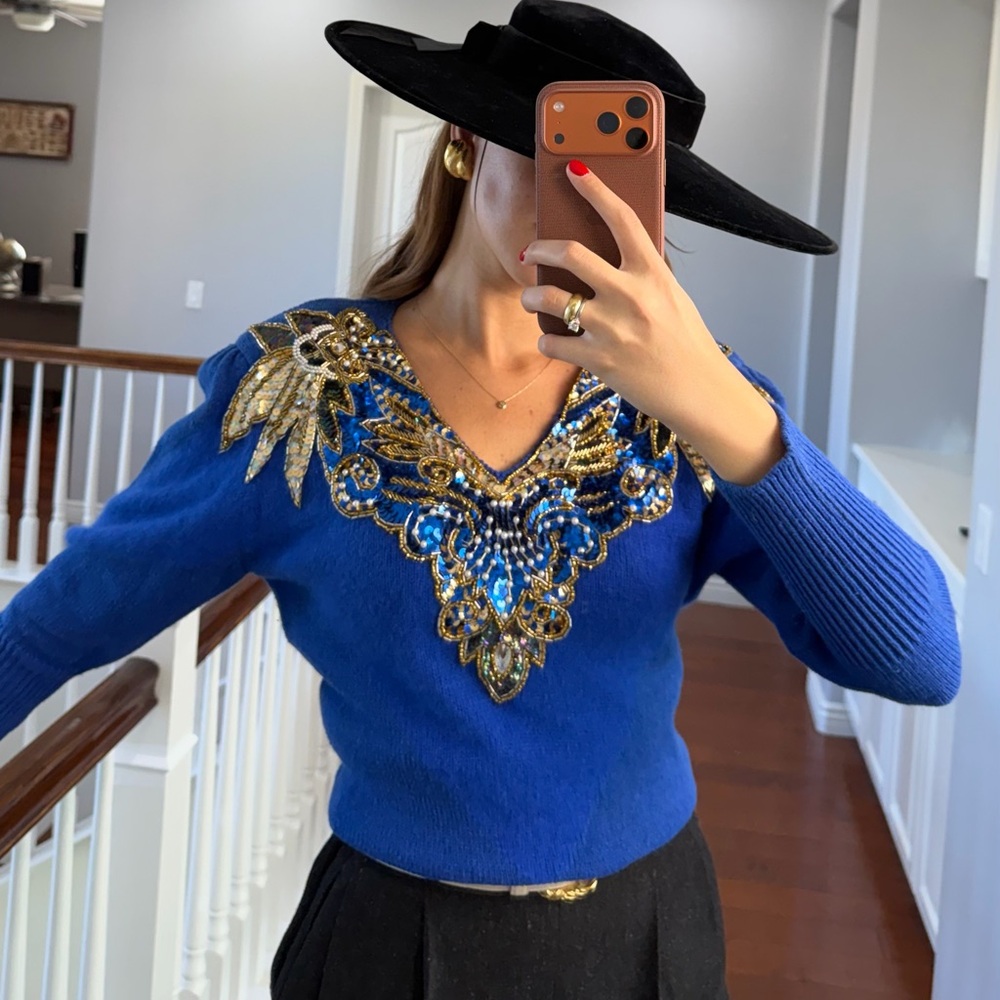 Elegant Blue Embellished Sweater